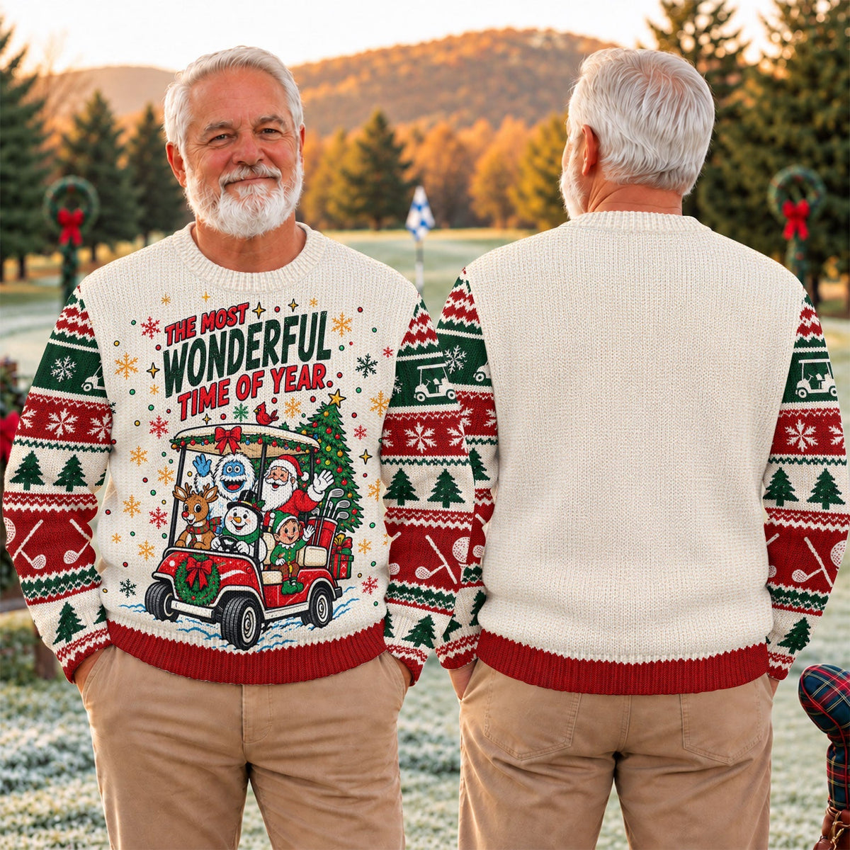 Most Wonderful Time Golf Cart Ugly Christmas Sweater, Holiday Sweaters, Golf Gifts