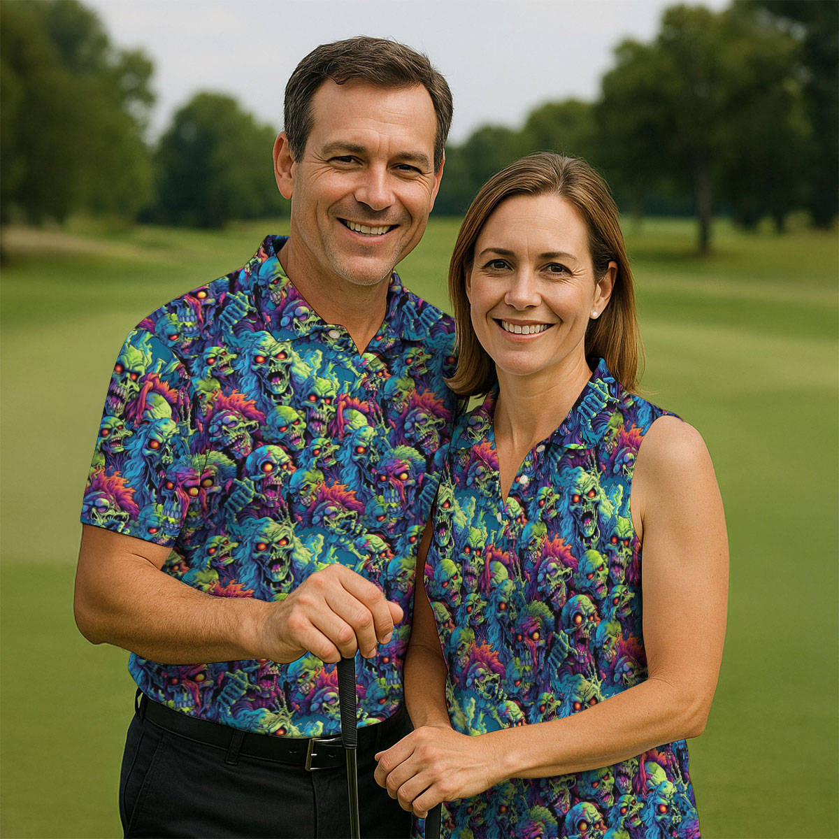 Colorful Zombie Head Pattern Halloween Golf Polo Shirt, Mens Golf Polo, Golf Shirts For Men