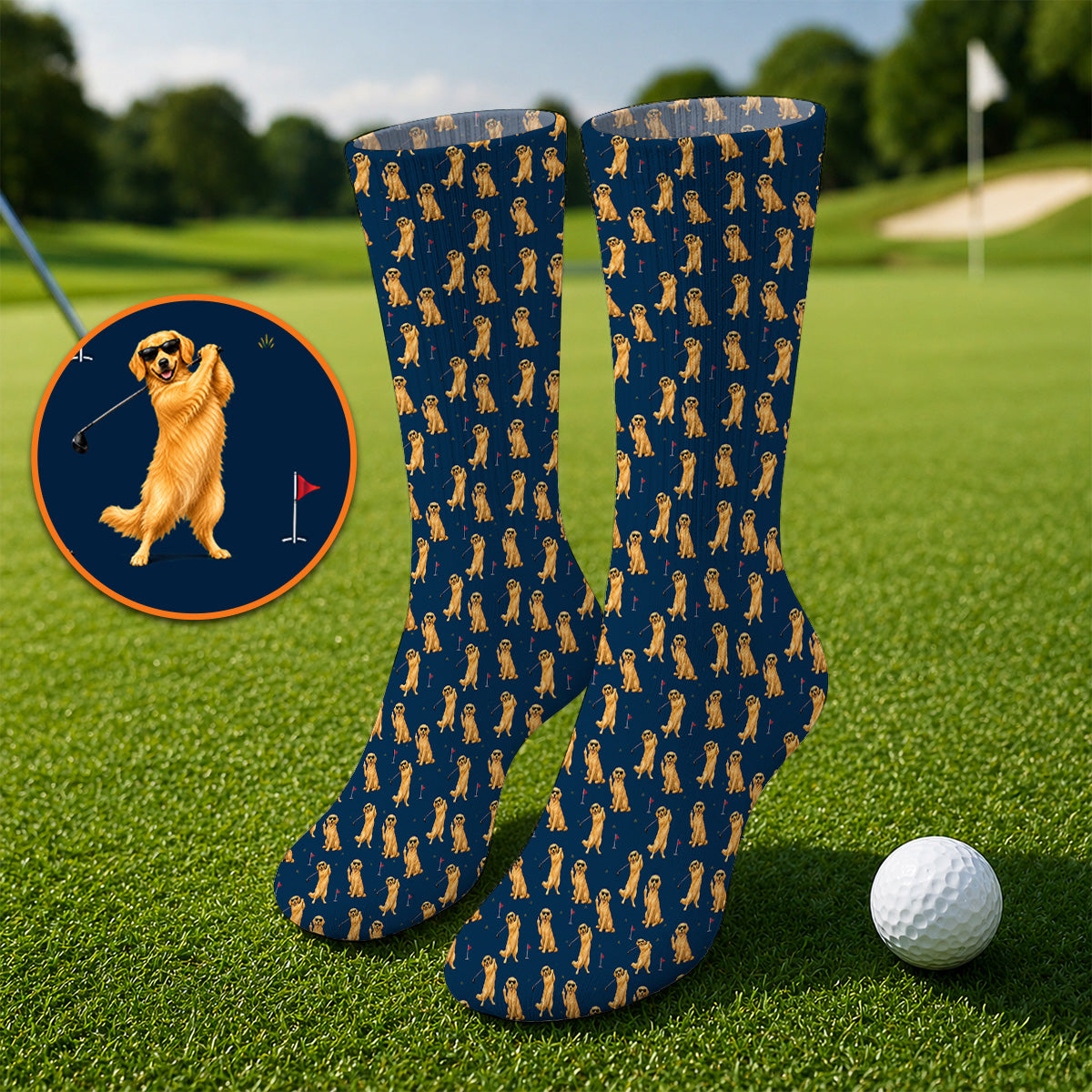 Golden Retriever Fairway Golf Socks, Golf Dog Pattern Sock, Gift For Golden Retriever Owners