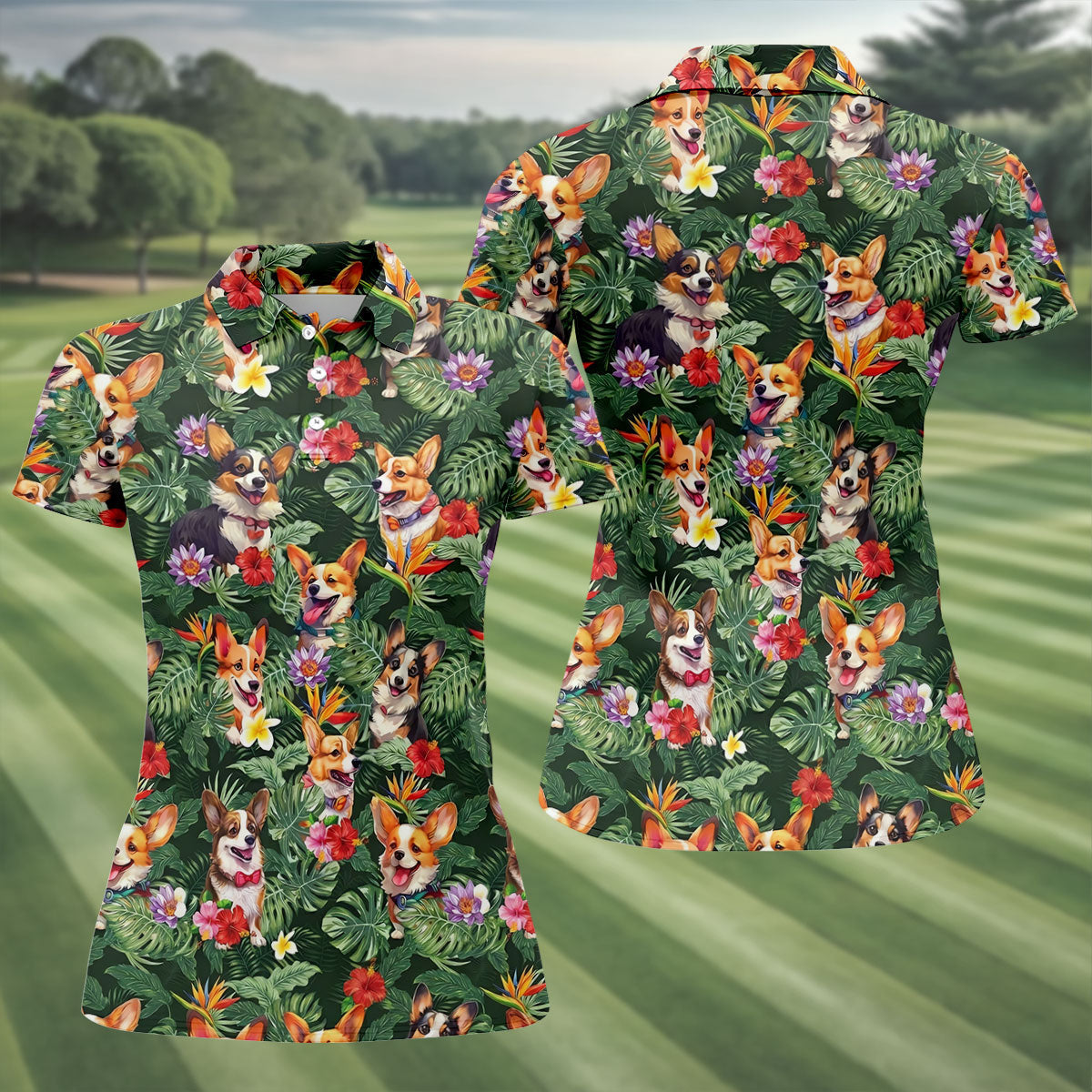 Tropical Corgi Dog Hawaiian Golf Polo Shirt, Golf Shirts For Women, Women's Golf Apparel