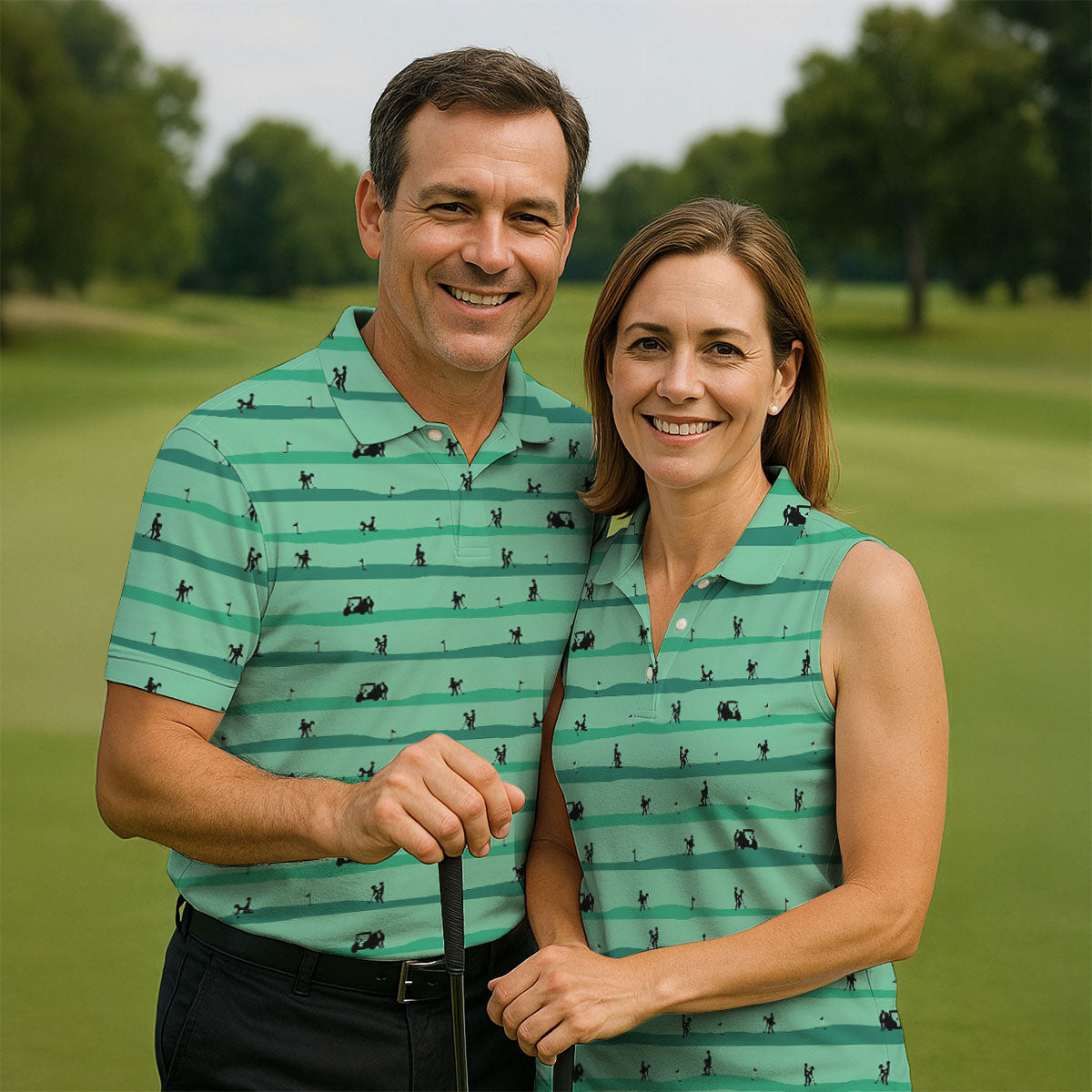Funny Golf Couple Silhouette Pattern Polo Shirt, Golf Shirts For Men, Mens Golf Apparel