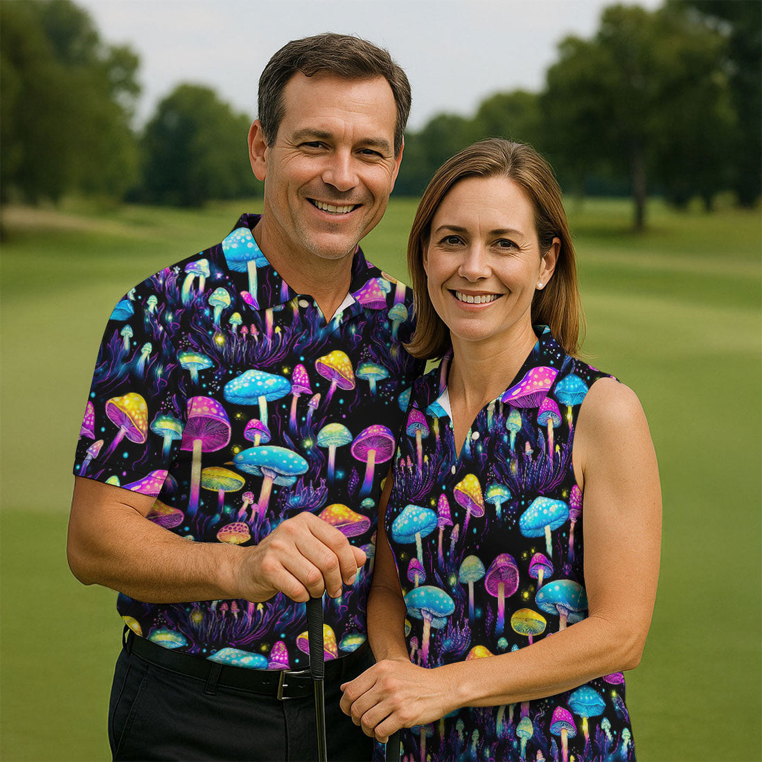 Colorful Neon Mushroom Fantasy Forest Golf Shirt, Mens Golf Polo, Golf Apparel For Men, Printed Golf Shirts