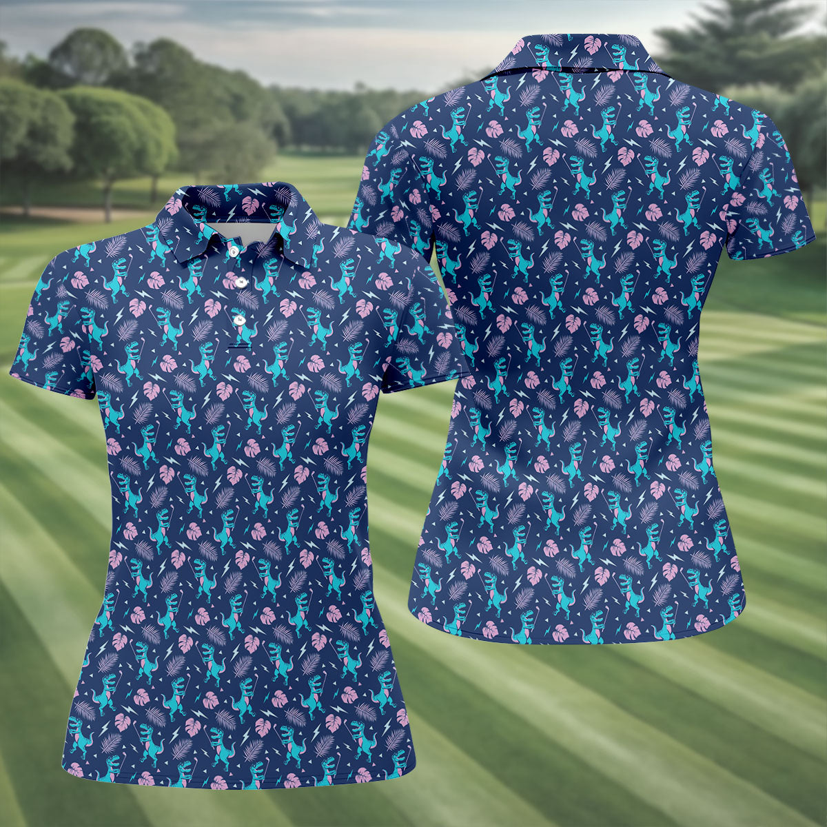 Funny Dinosaur Golfer Tropical Pattern Polo Shirt, Womens Golf Tops, Ladies Golf Shirts