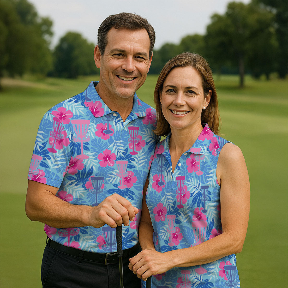 Blue Hibiscus Disc Golf Polo Shirt, Hawaiian Golf Shirt, Mens Golf Shirts