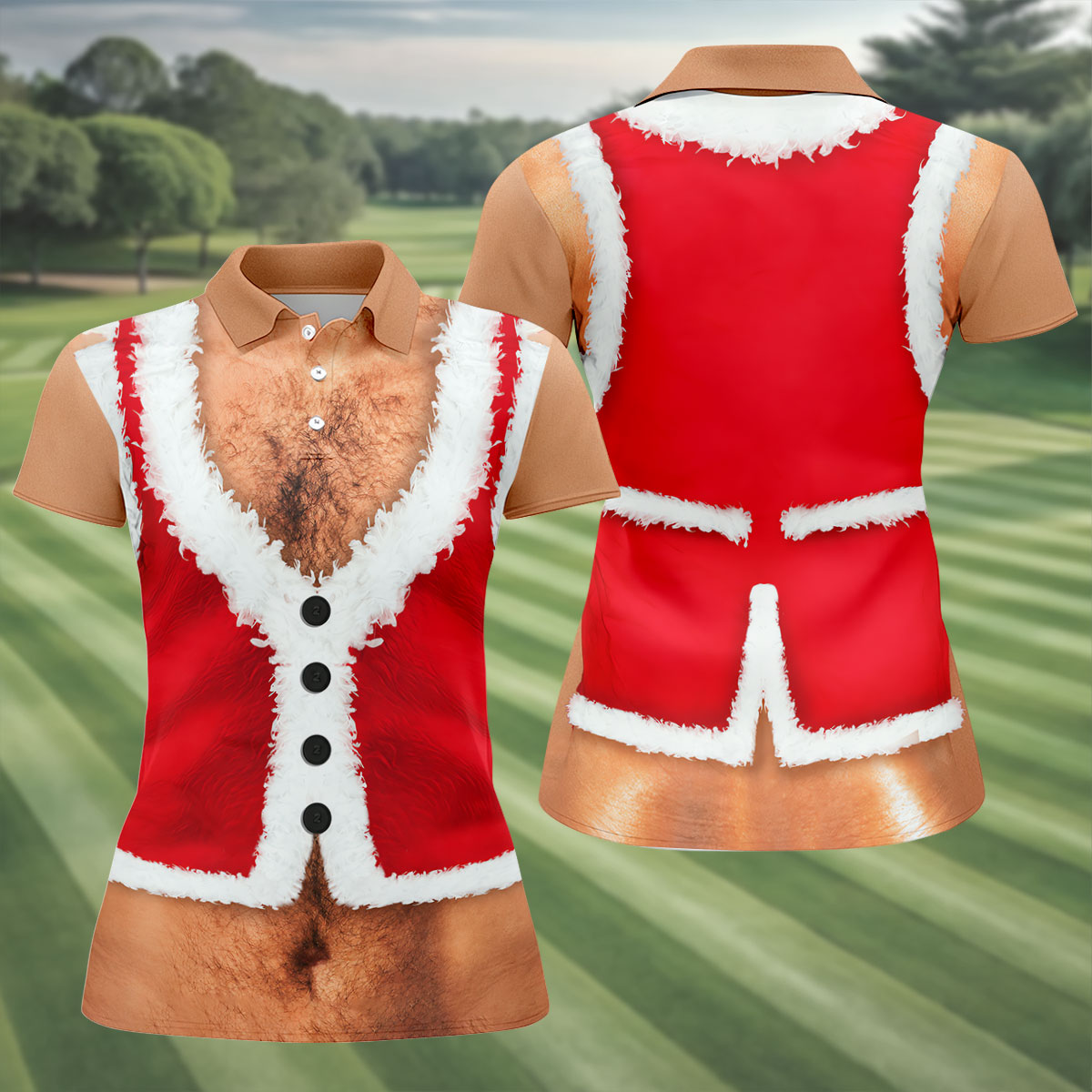 Hairy Chest Santa Print Christmas Golf Shirt, Womens Golf Tops, Golf Shirts For Women