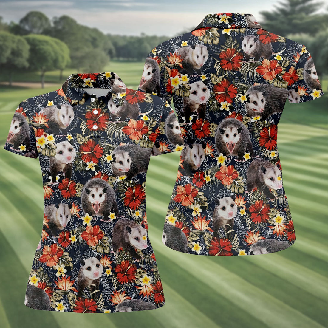 Cute Possums Hibiscus Flowers Golf Polo, Island Foliage Hawaiian Golf Shirt, Golf Tops For Women, Golfing Apparel
