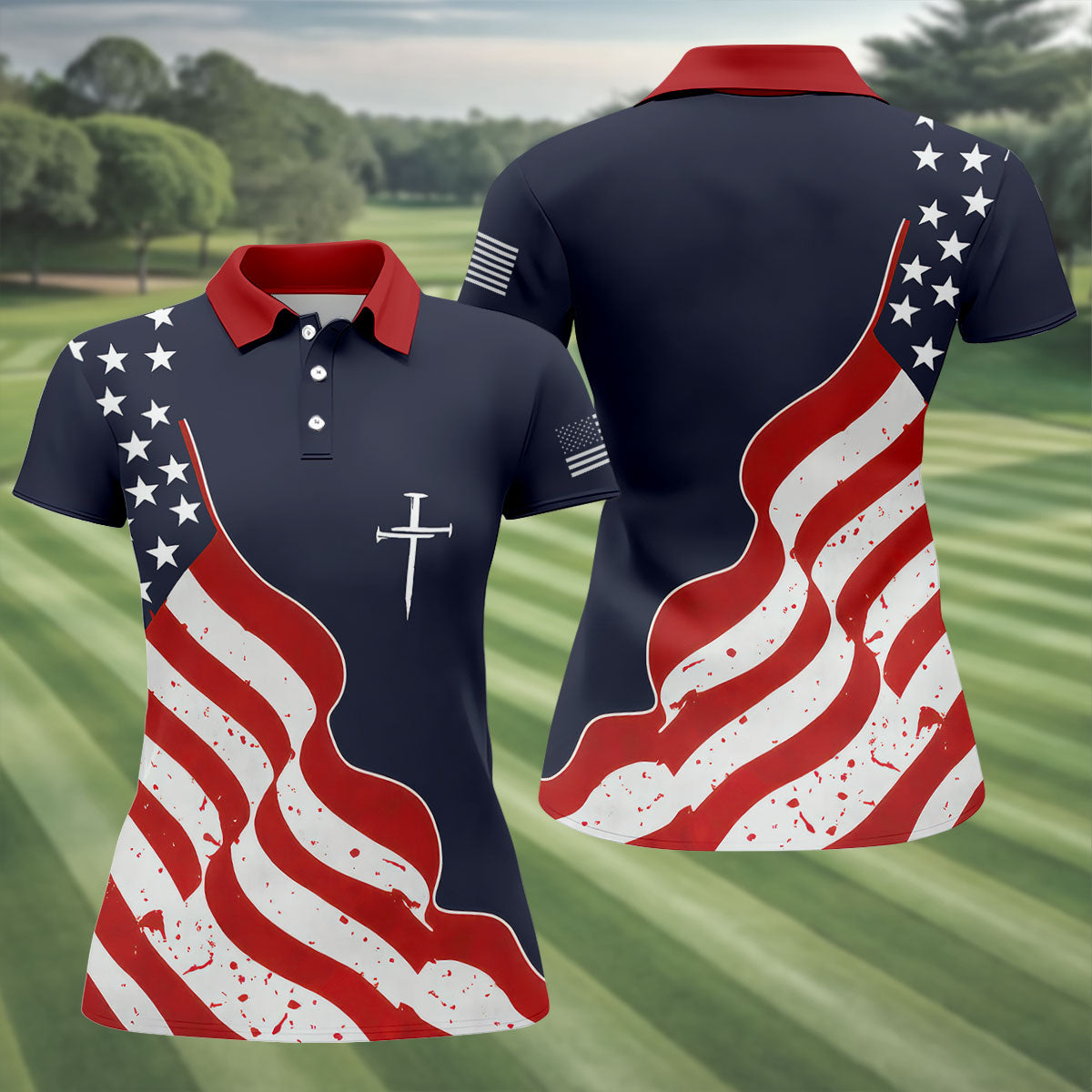 Faith Cross America 250th Anniversary 4th Of July Shirt, Patriotic Navy Golf Shirt For Women