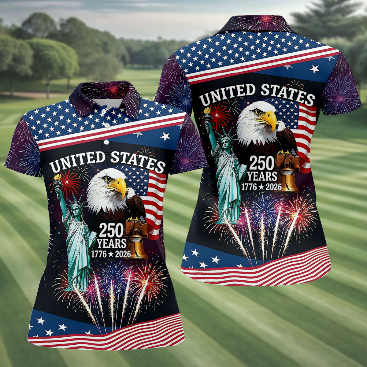250 Years American Symbols US Flag Golf Shirt, Patriotic 4th Of July Golf Shirt For Women