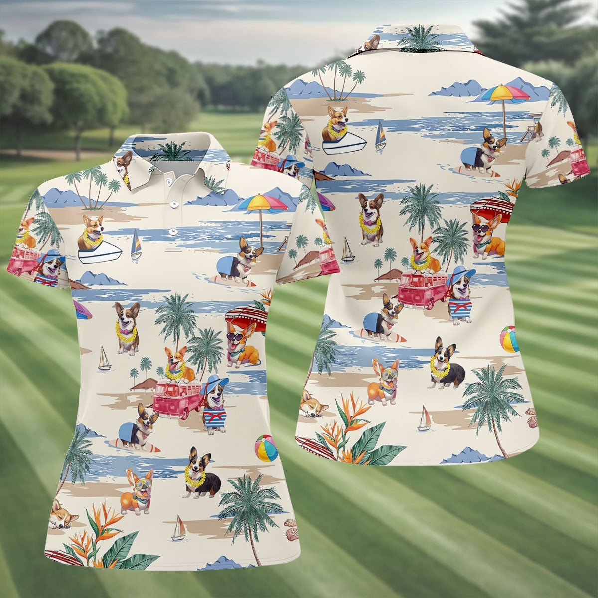 Cute Corgi Beach Vacation Golf Polo Shirt, Golf Shirts For Women, Ladies Golf Tops