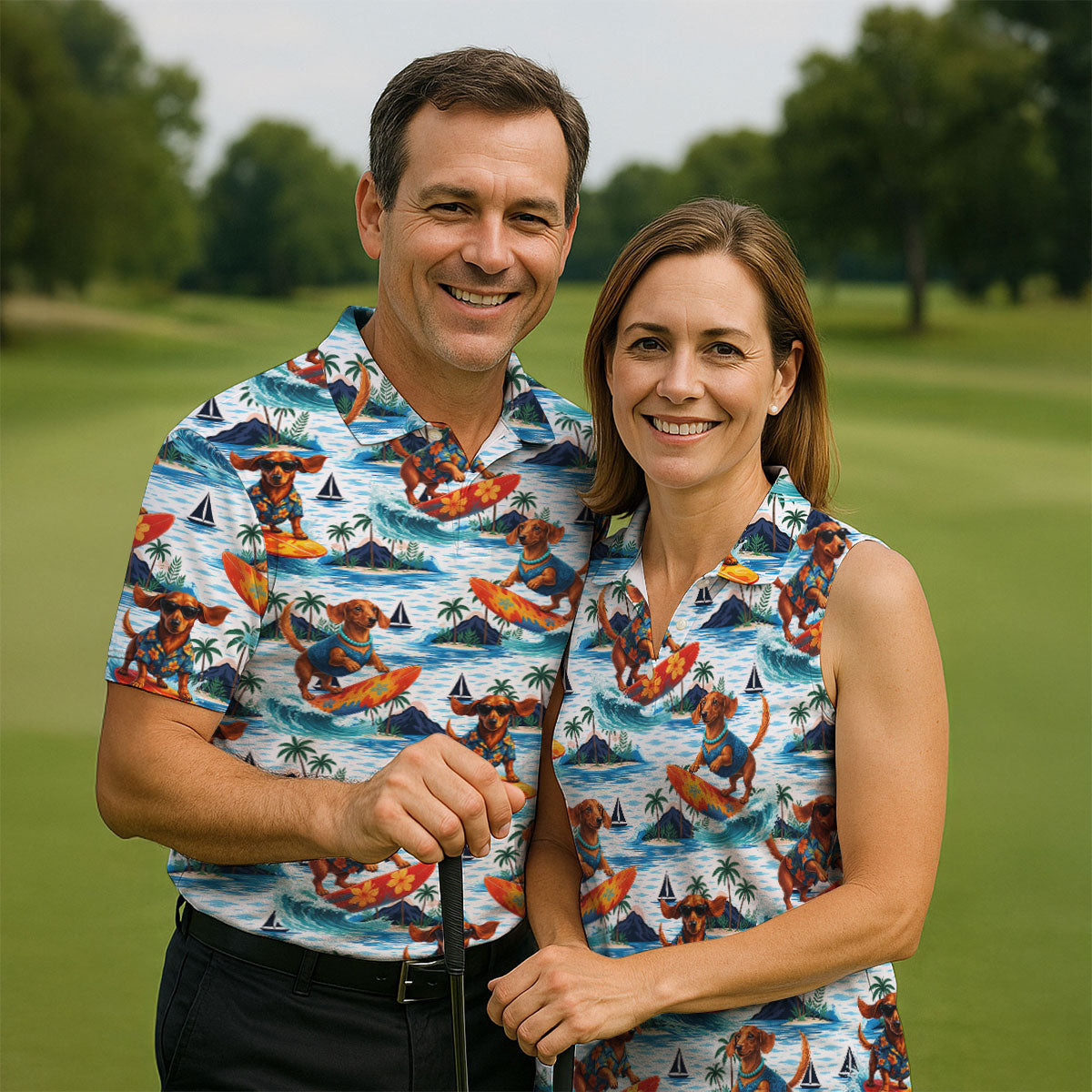 Funny Dachshund Surfing Beach Hawaiian Golf Shirt, Summer Vibe Golf Shirts For Men