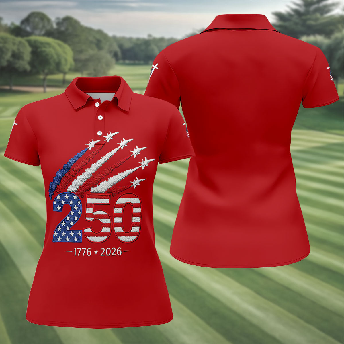 Flying Fighter Jets Faith Cross Patriotic 4th Of July Red Golf Shirt, 250 Years Golf Shirt For Women