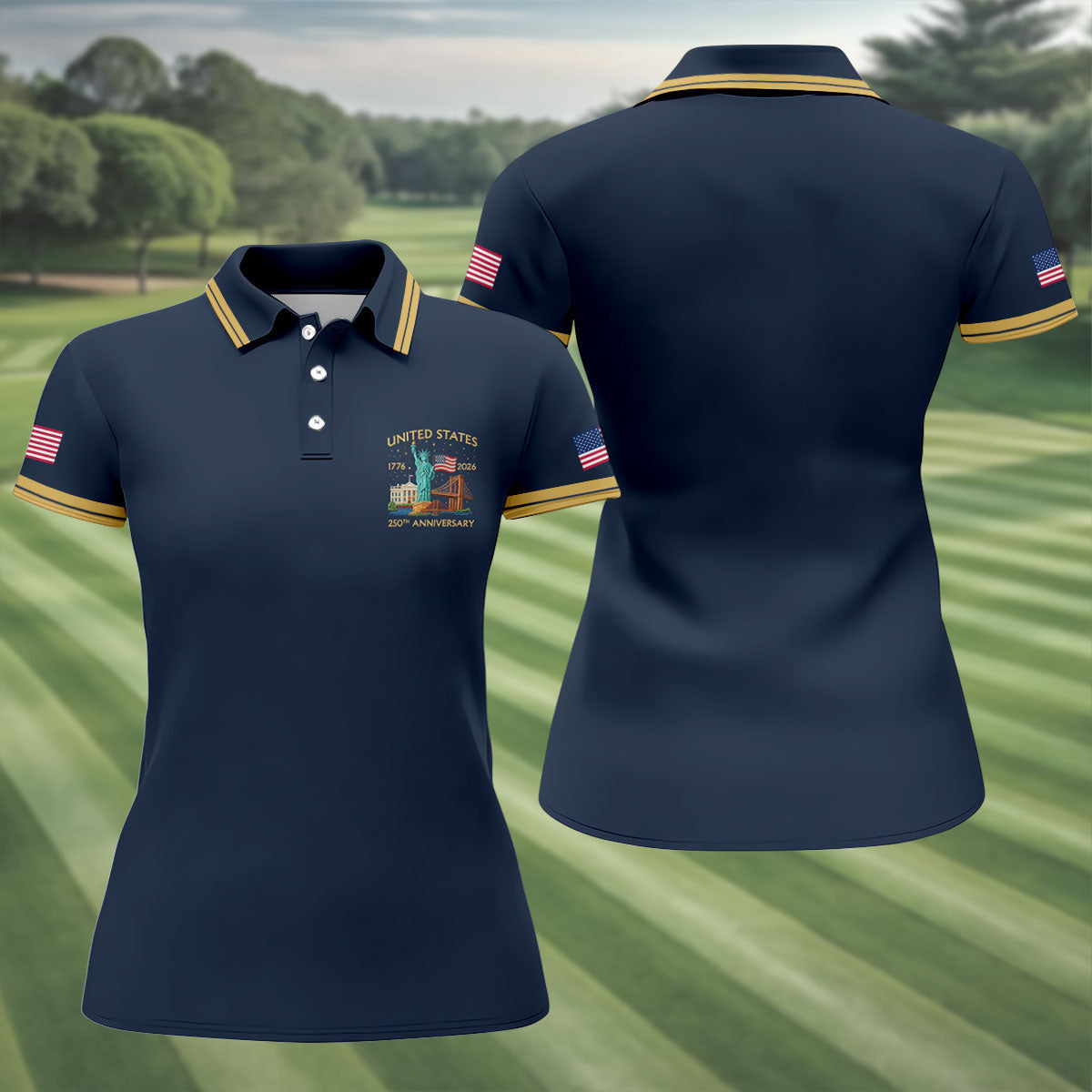 American Symbols Navy Patriotic Golf Shirt, US 250 Years 4th Of July Golf Shirt For Women