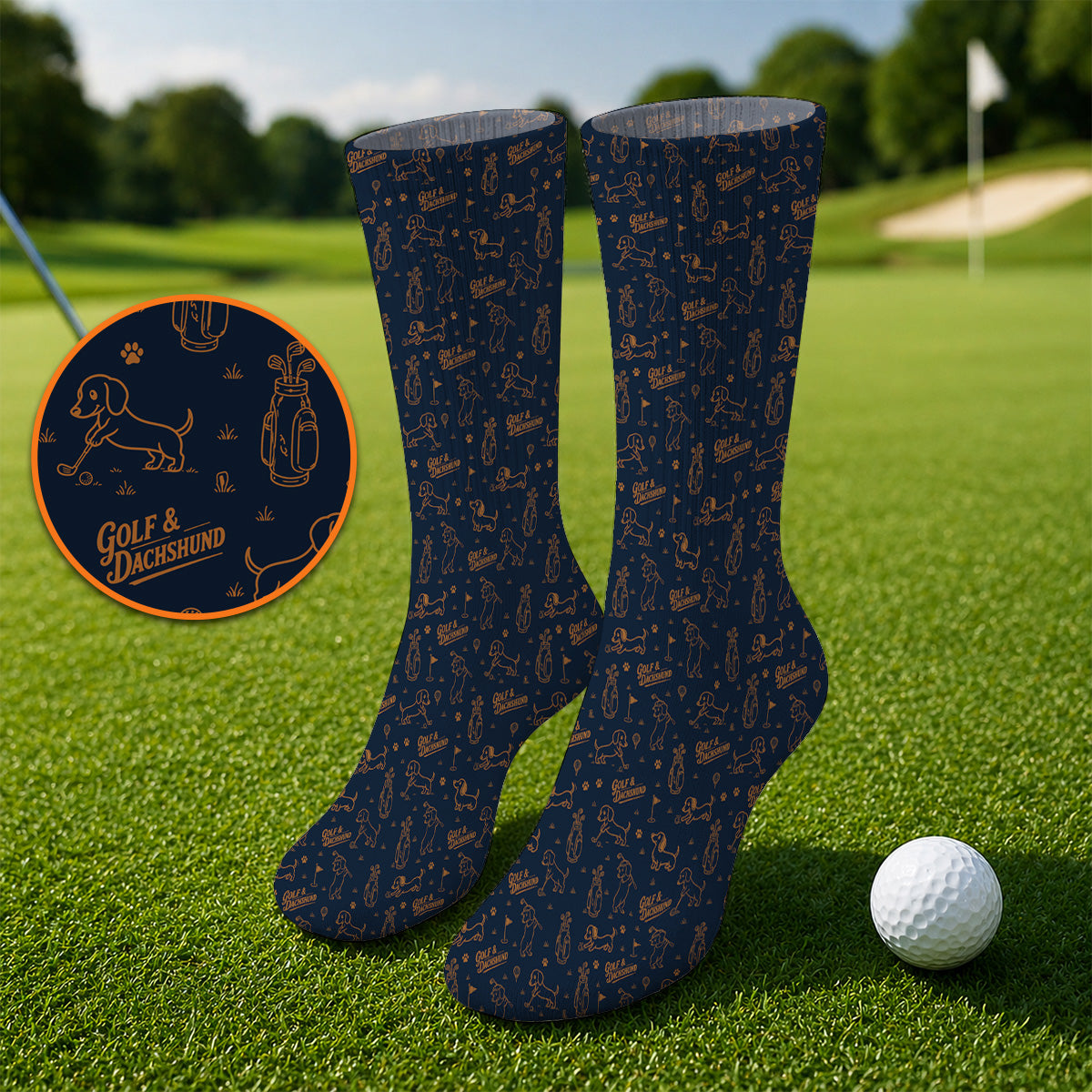 Golf & Dachshund Pattern Socks , Wiener Dog Golf Sock For Golfer, Funny Doxie Lover Gift
