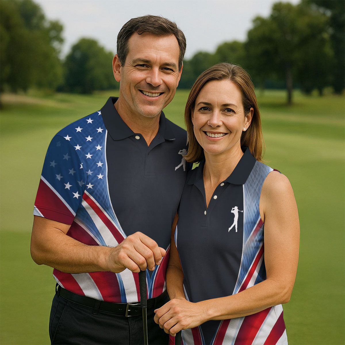 Red White Blue Wavy Stripes Patriotic Golf Shirt, 250 Years 4th Of July Golf Shirts For Men