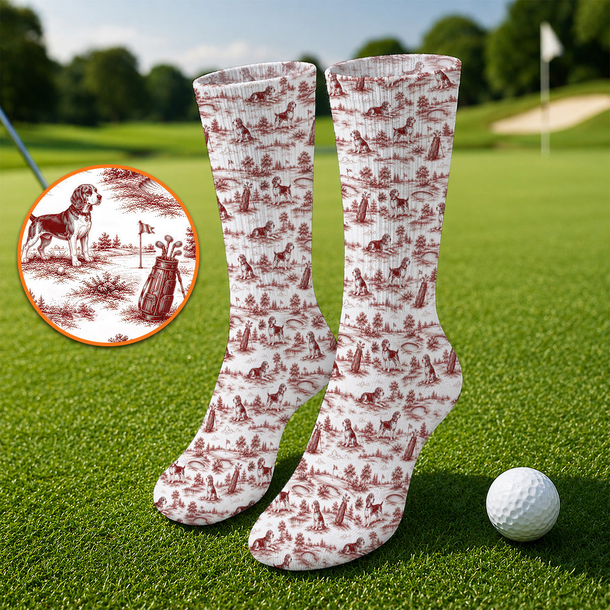 Beagle Toile De Jouy Golf Sock, Vintage Dog Pattern Golf Socks, Beagle Lover Golf Gift