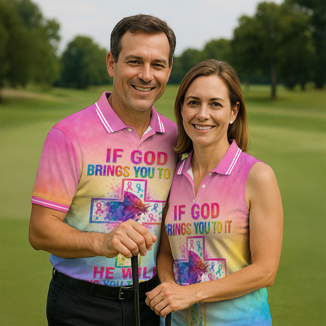 If God Brings You To It Cancer Cross Polo Shirt, Mens Golf Polo, Golf Apparel For Men