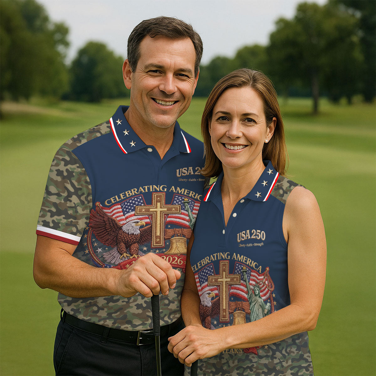 Liberty Faith Strength Faith Cross USA 250 Navy Camo Golf Shirt, 4th Of July Golf Shirts For Men