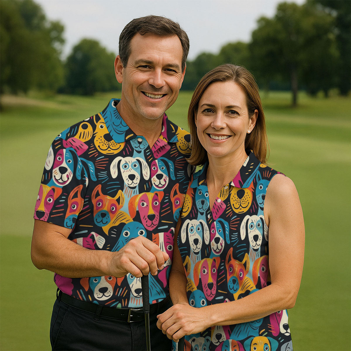 Happy Dog Faces Hawaiian Golf Shirt, Funny Golf Shirt, Abstract Animal Golf Shirts For Men