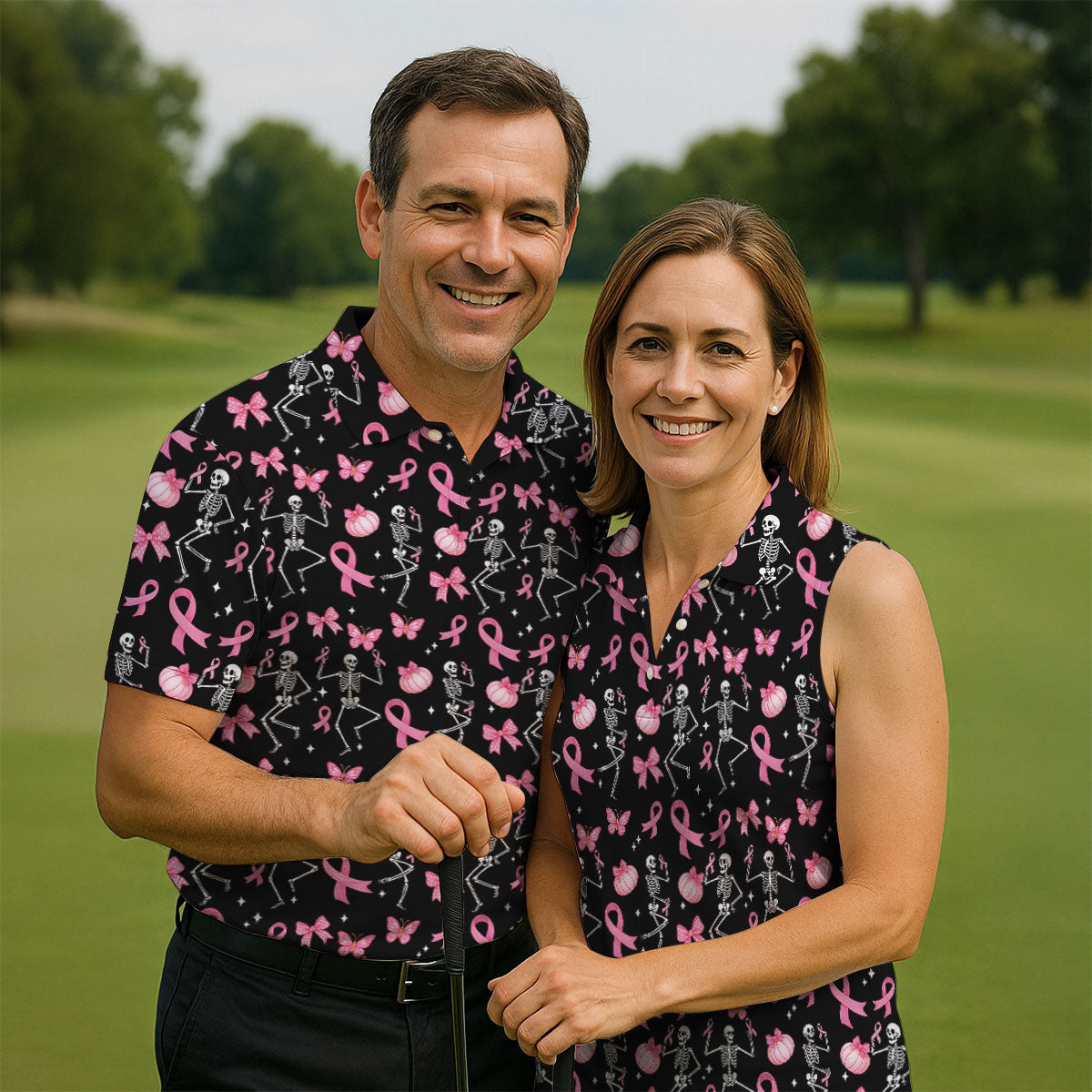 Funny Skeleton Breast Cancer Men's Golf Shirt, Breast Cancer Awareness Shirt, Golf Gift For Men