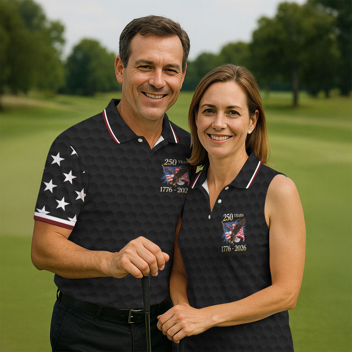 250 Years Bald Eagle US Flag Golf Shirt, Patriotic 4th Of July Golf Ball Pattern Golf Shirts For Men