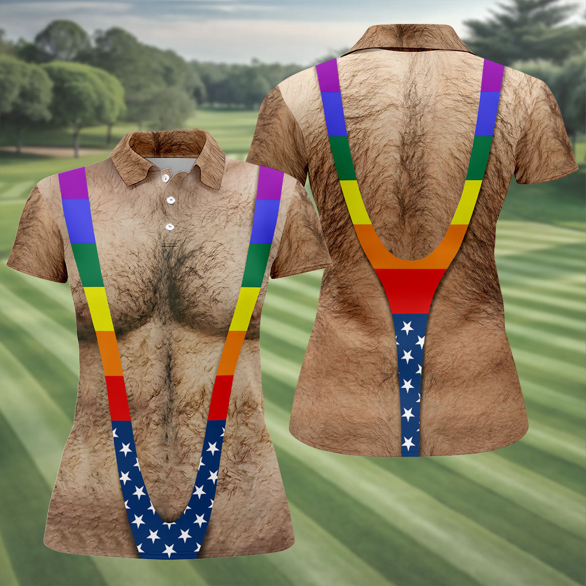Funny Hairy Chest Rainbow Suspenders Golf Polo, Golf Shirts For Women, Women's Golf Apparel