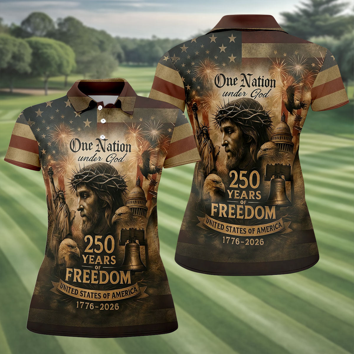 One Nation Under God America 250 Golf Polo Shirt, Women’s Golf Polo, Performance Golf Shirt