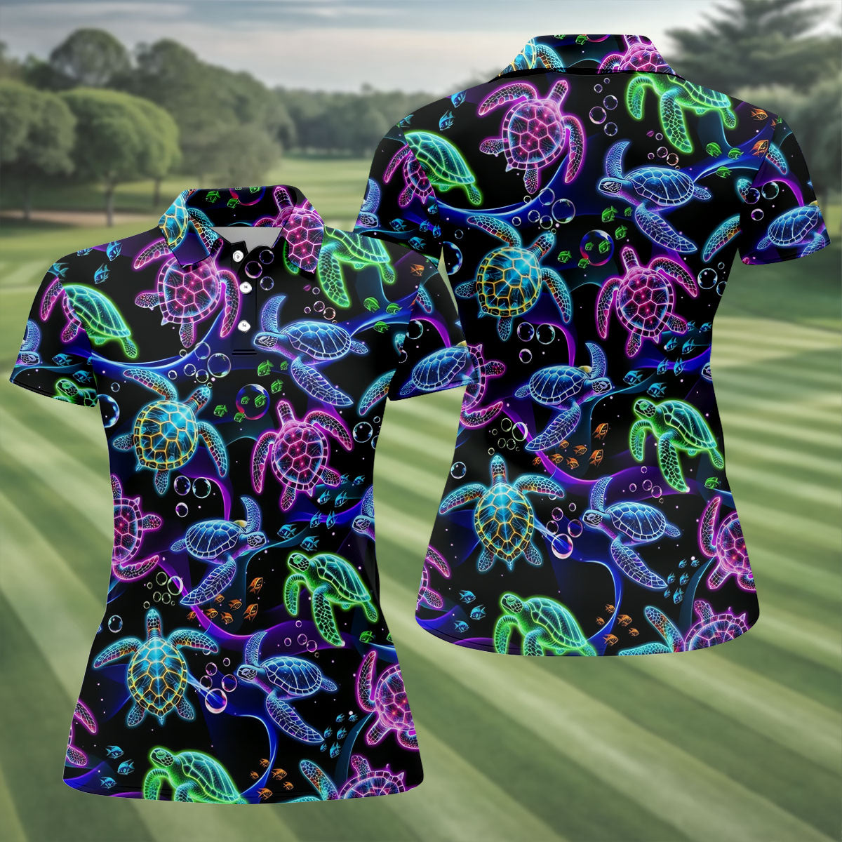 Neon Sea Turtle Ocean Pattern Hawaiian Golf Polo Shirt, Women’s Golf Polo, Ladies Golf Shirts