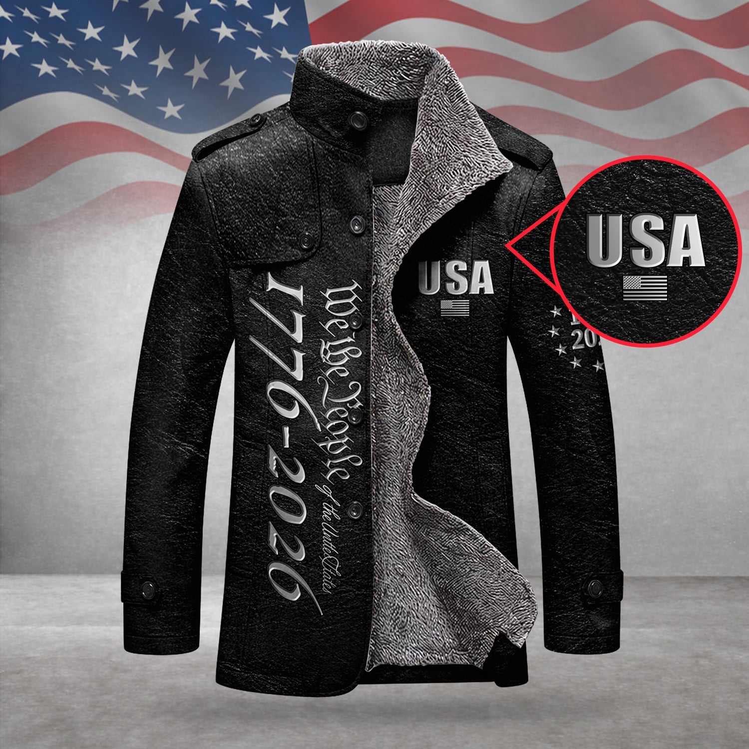 We The People 250 Years Silver Flag Men's Cold Premium Weather Jacket, Leather Trench Coat