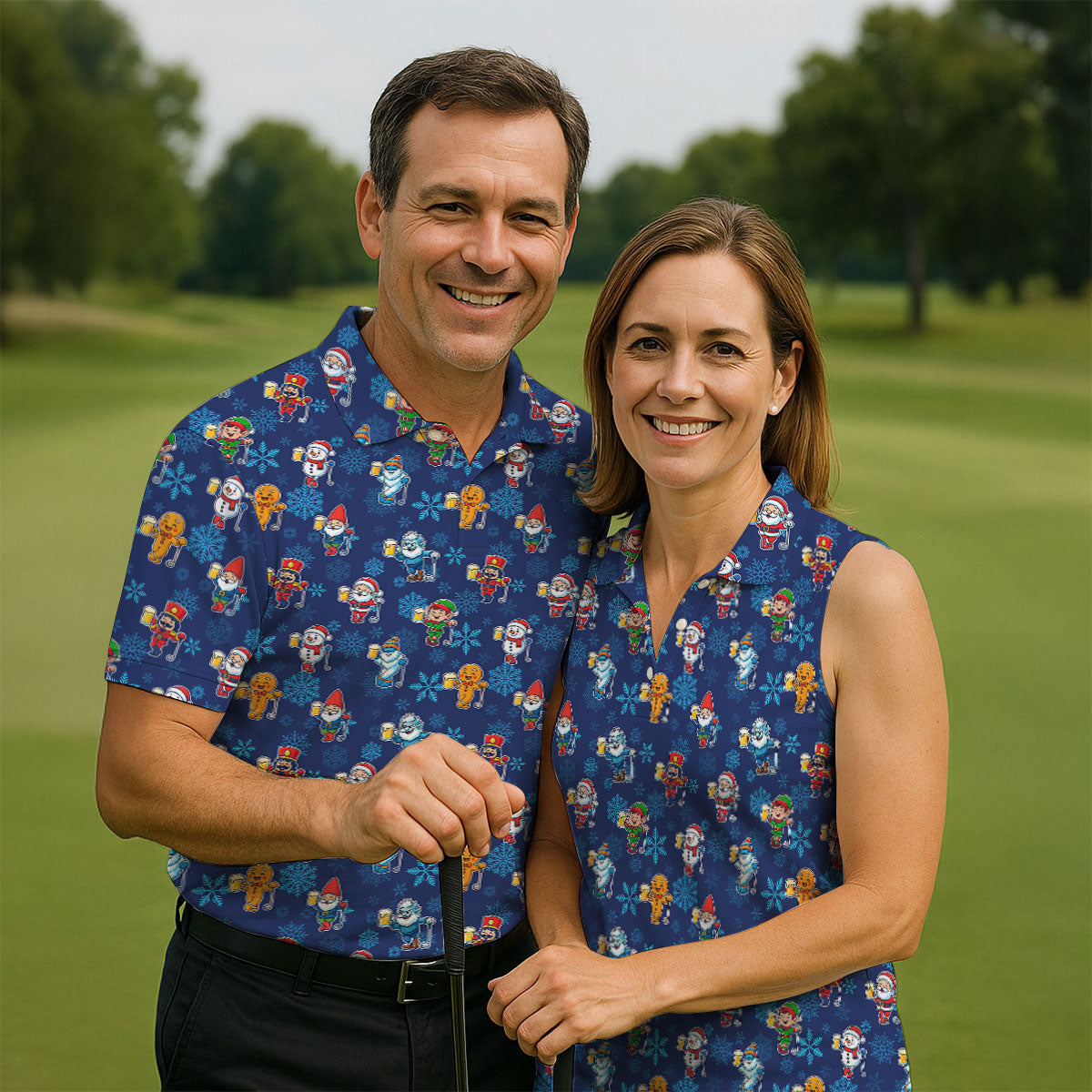 Christmas Characters Golf And Beer Navy Men's Funny Golf Shirts, Christmas Golf Shirt, Polo Shirts For Men