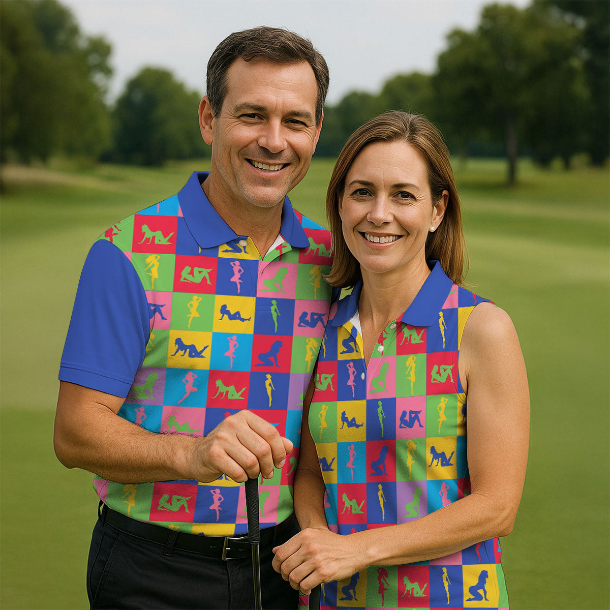 Colorful Pin Up Silhouette Pop Art Golf Polo Shirt, Men's Golf Shirt, Golf Shirts For Men