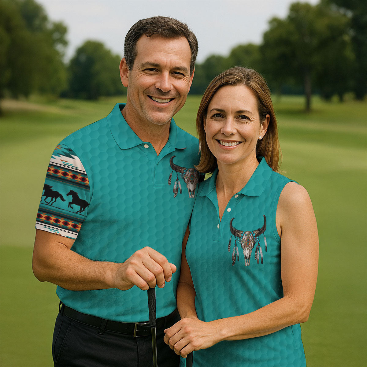 Turquoise Southwestern Bull Skull Golf Polo Shirt, Printed Golf Shirts, Golf Shirts For Men