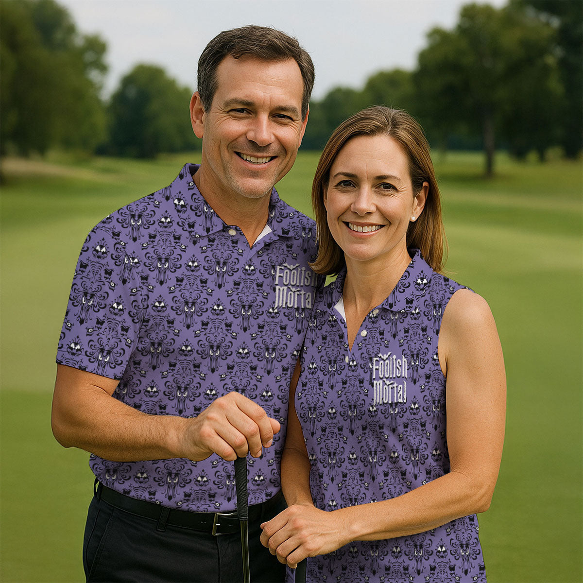 Foolish Mortal Haunted Pattern Golf Polo Shirt, Women's Golf Apparel, Halloween Shirt