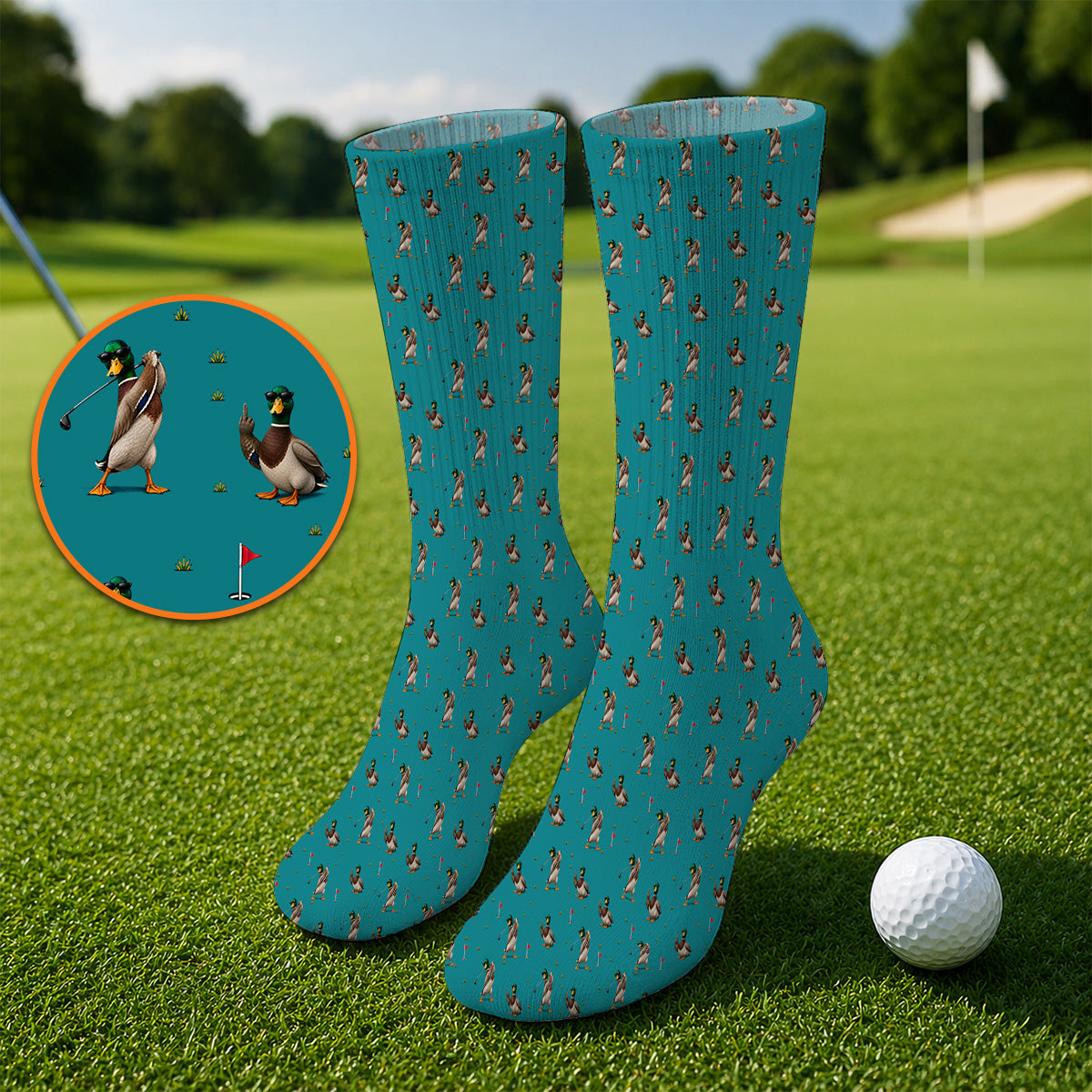 Funny Mallard Duck Golf Socks, Waterfowl Golf Pattern Sock, Gift For Duck Hunting & Golf Lovers