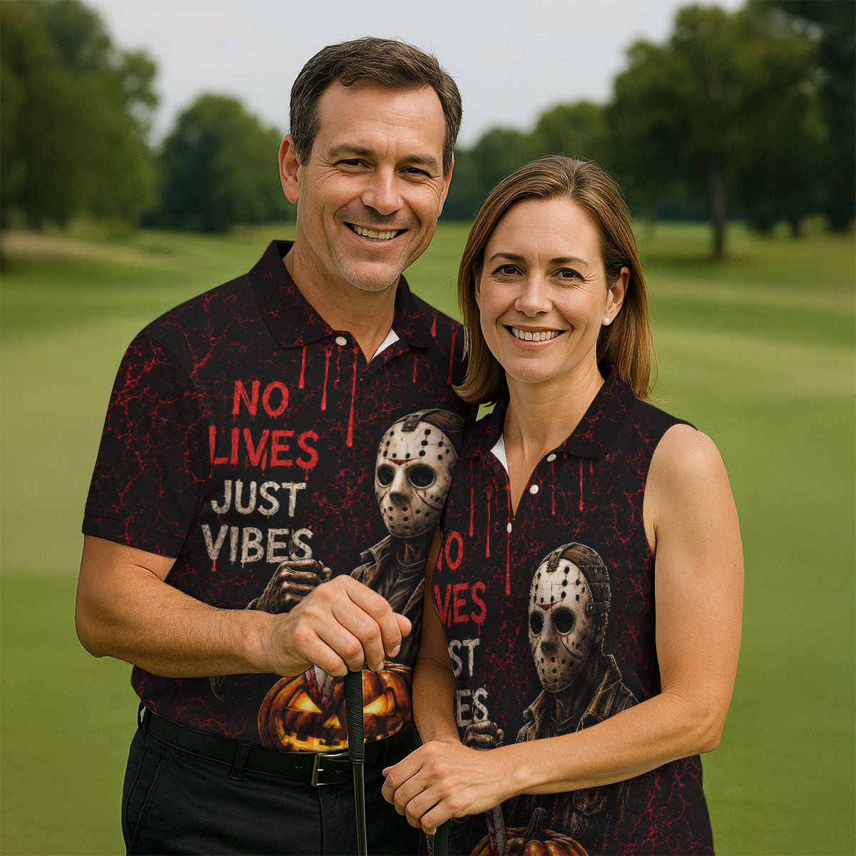 No Lives Just Vibes Halloween Horror Character Shirt, Golf Shirts For Men, Hawaiian Golf Shirt