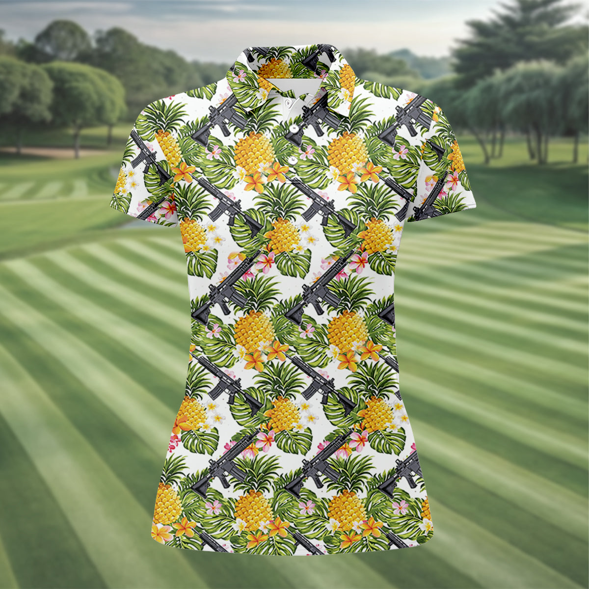 Tropical Pineapple Rifle Hawaiian Golf Shirt Pattern, Hawaiian Golf Shirt, Women’s Golf Apparel