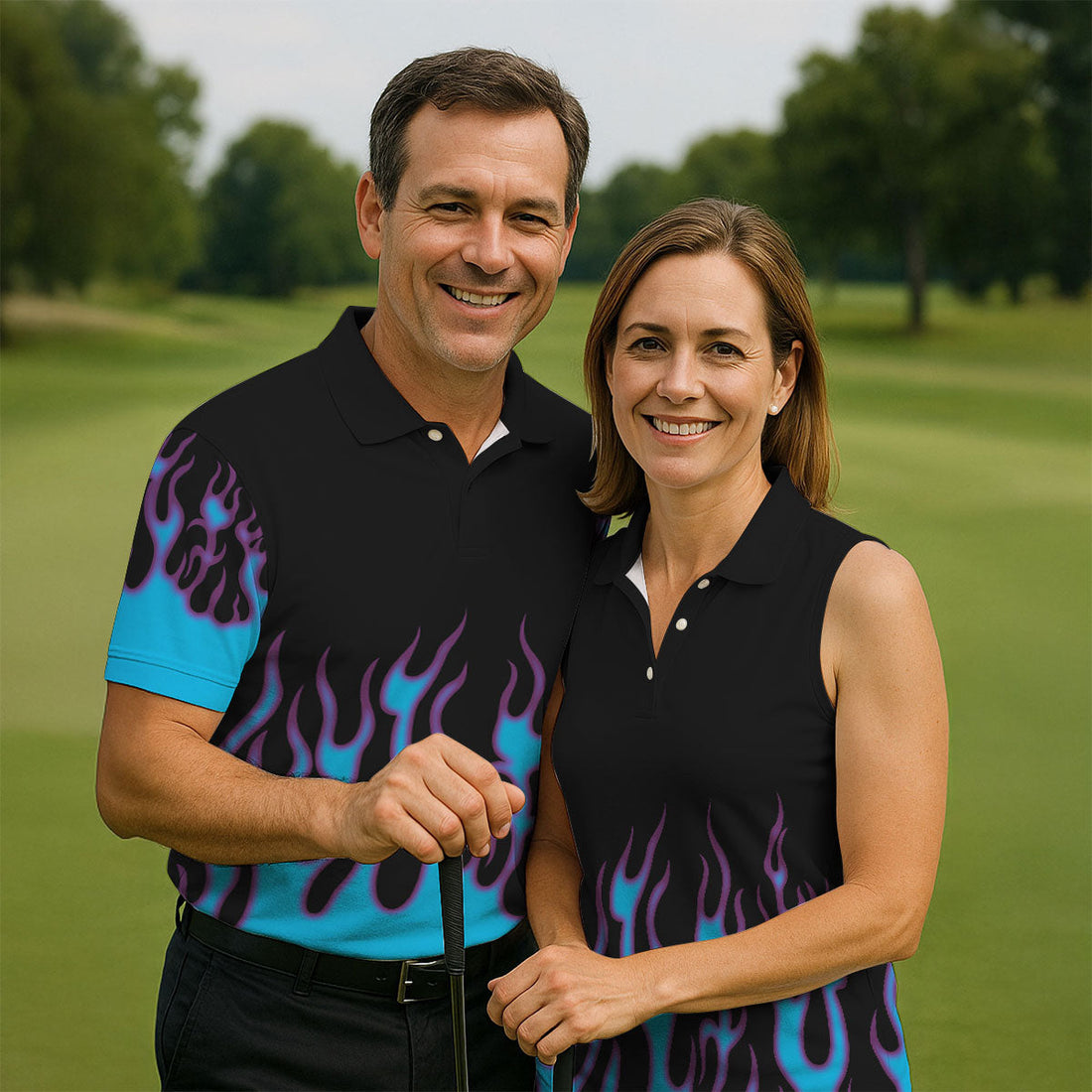 Black Cyan Purple Flame Sleeve Golf Shirt, Golf Shirts For Men, Mens Golf Apparel