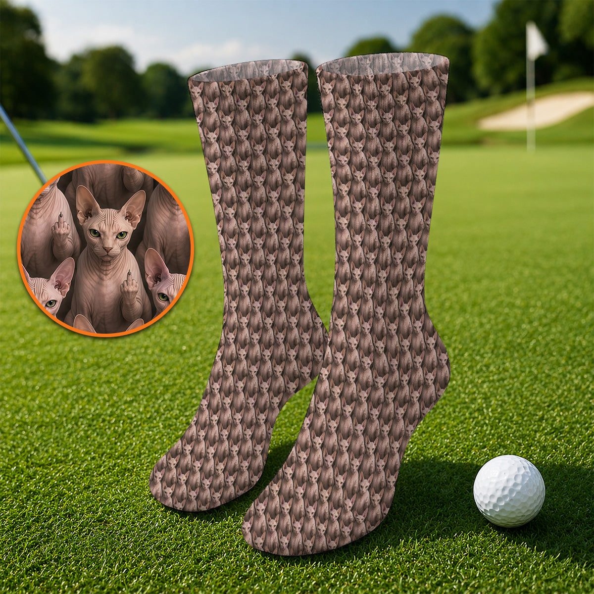 Funny Sphynx Cat Golf Socks, Hairless Cat Pattern Golf Sock, Crazy Golf Gift For Golfer