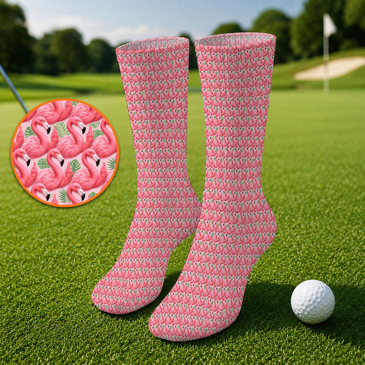 Crazy Flamingo Golf Socks, Pink Tropical Pattern Golf Crew Sock, Funny Golf Gift For Golfer