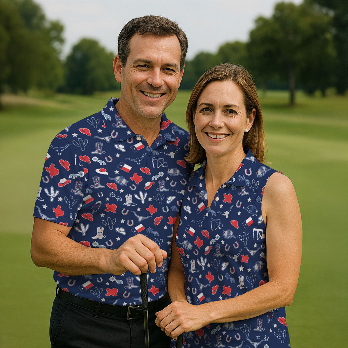 Navy Texas Western Pattern Golf Polo Shirt, Mens Golf Shirts, Hawaiian Golf Shirt