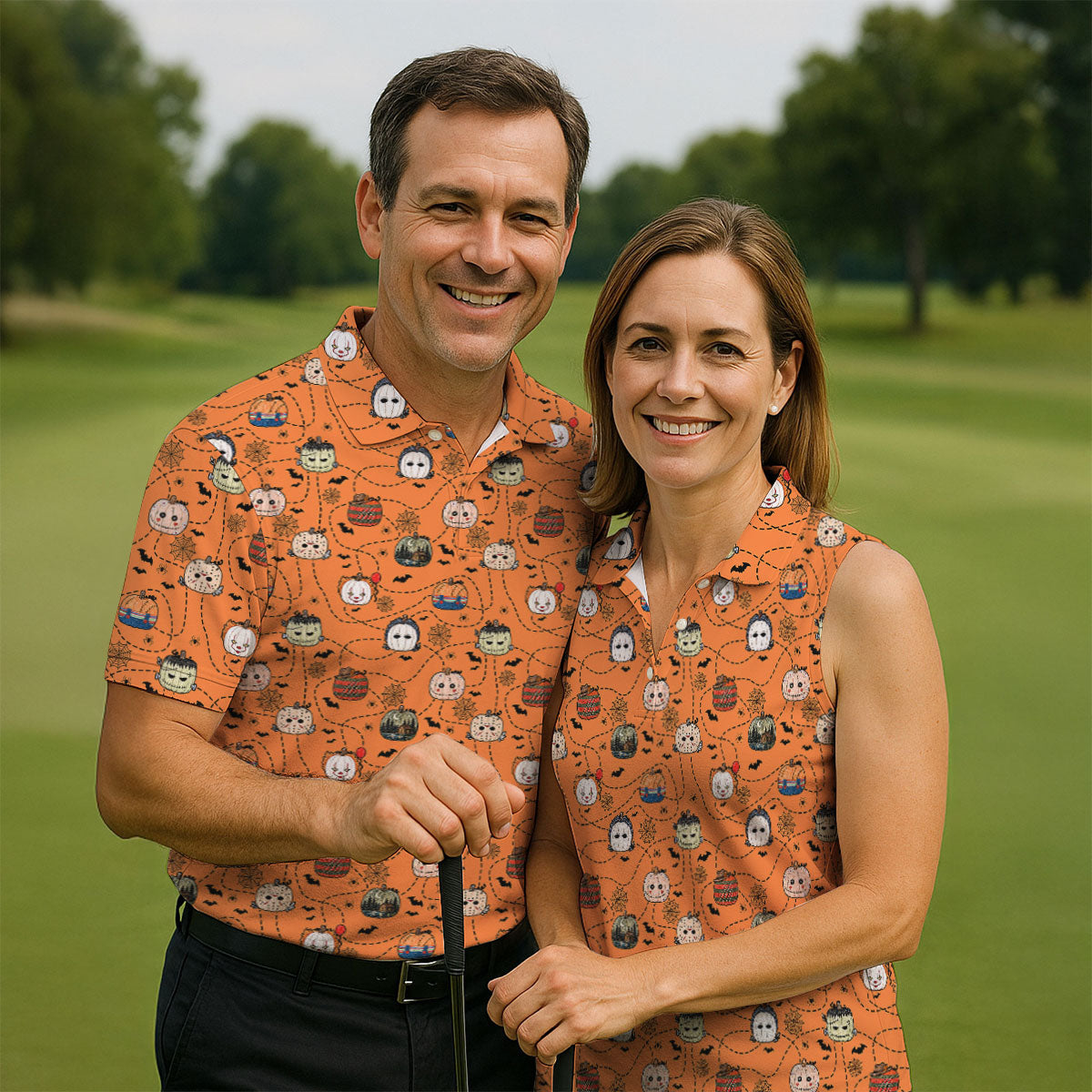 Orange Horror Character Pumpkin Pattern Golf Polo Shirt, Printed Golf Shirts, Mens Golf Polo