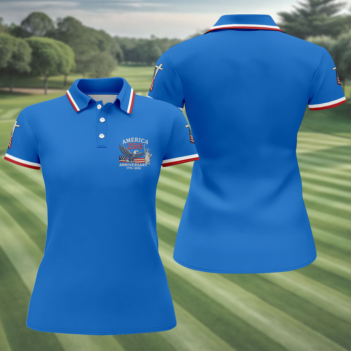 Faith Cross Bald Eagle America 250 Anniversary Blue Patriotic Golf Shirt, Golf Shirt For Women