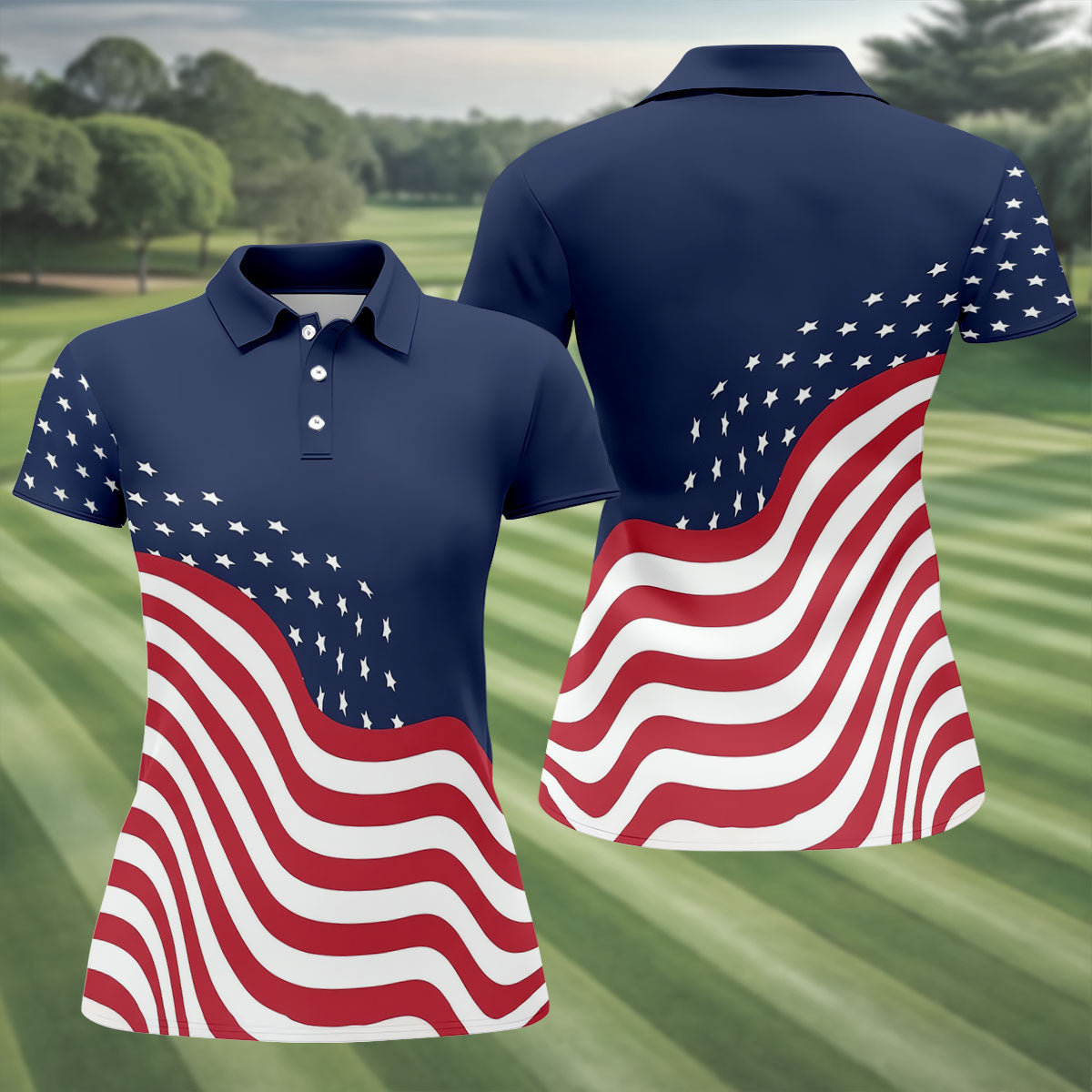 Red White Blue Wavy Stripes And Stars 4th Of July Patriotic Golf Shirt, 250 Years Golf Shirt For Women
