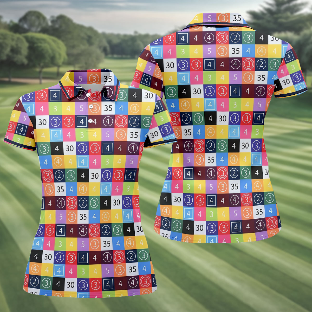 Colorful Golf Scorecard Pattern Polo Shirt, Ladies Golf Shirts, Women’s Golf Apparel