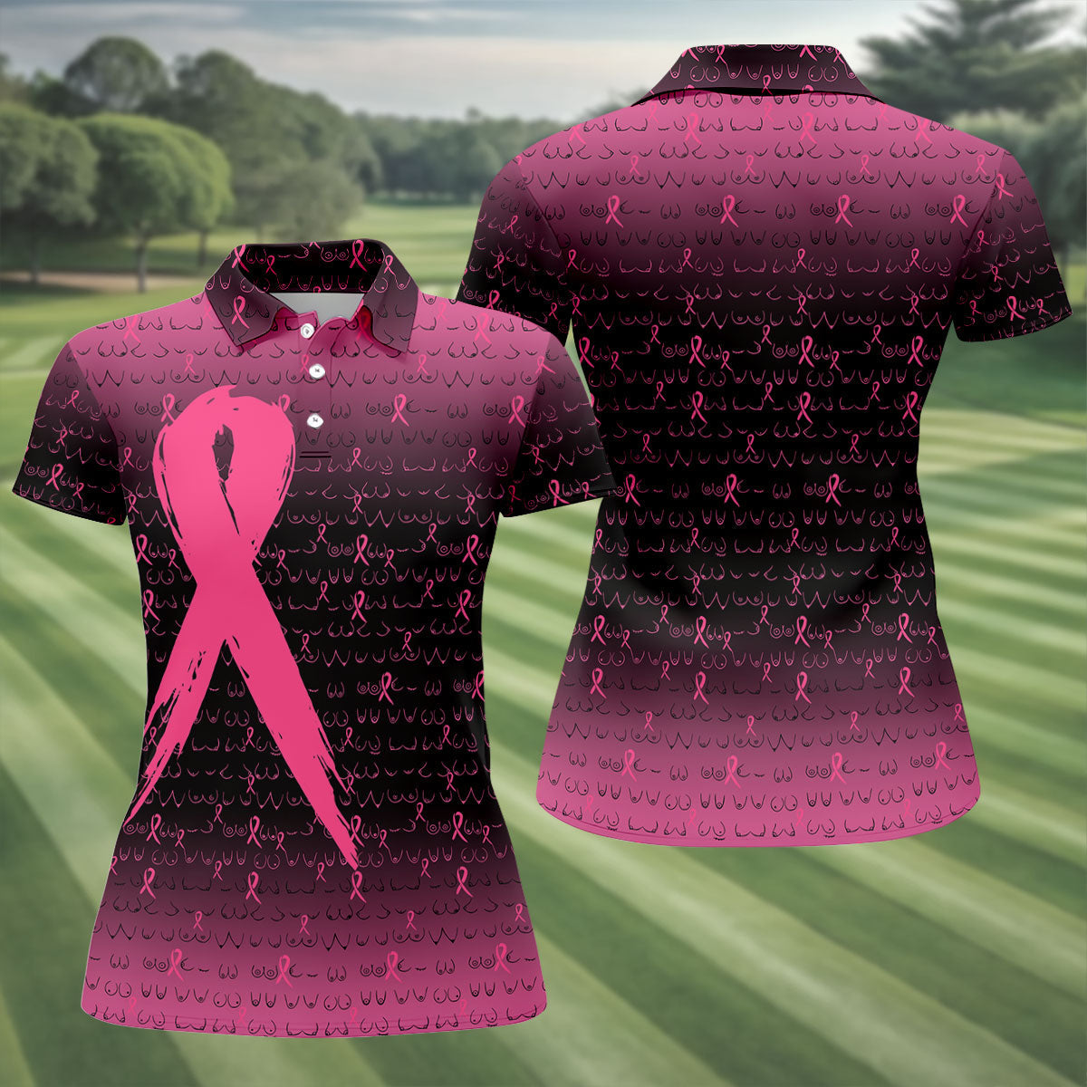 Pink Ribbon Boob Pattern Breast Cancer Polo Shirt, Ladies Golf Tops, Women’s Golf Polo