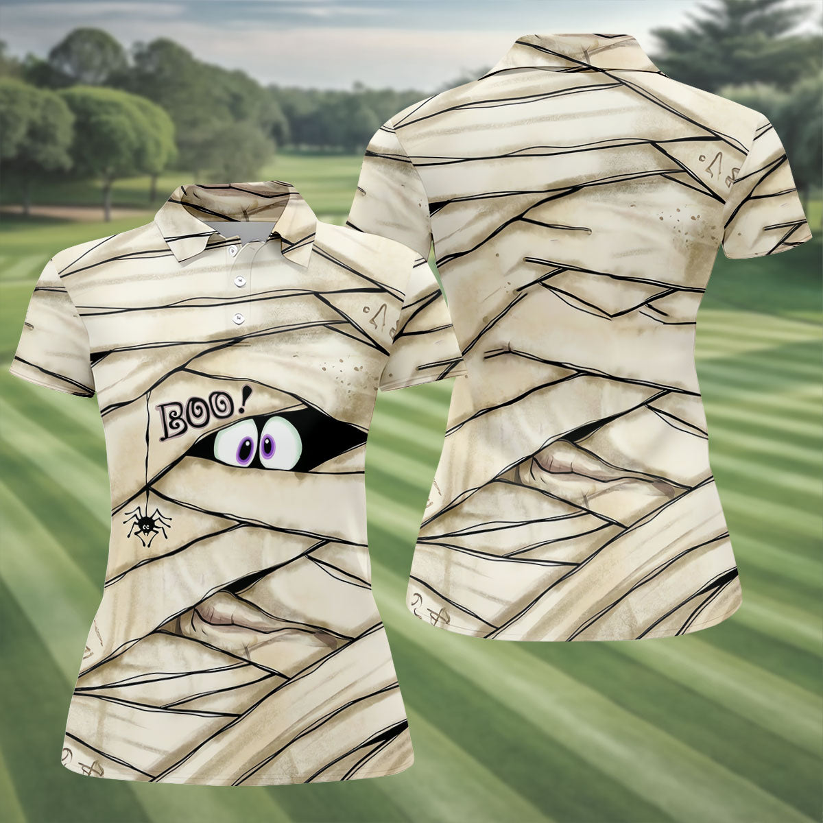 Cute Mummy Peeking Eyes BOO Halloween Golf Polo Shirt, Womens Golf Polo, Ladies Golf Shirts