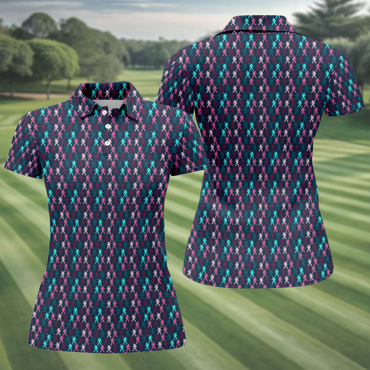 Funny Colorful Bigfoot Golfer Pattern Polo Shirt, Womens Golf Tops, Women’s Golf Apparel