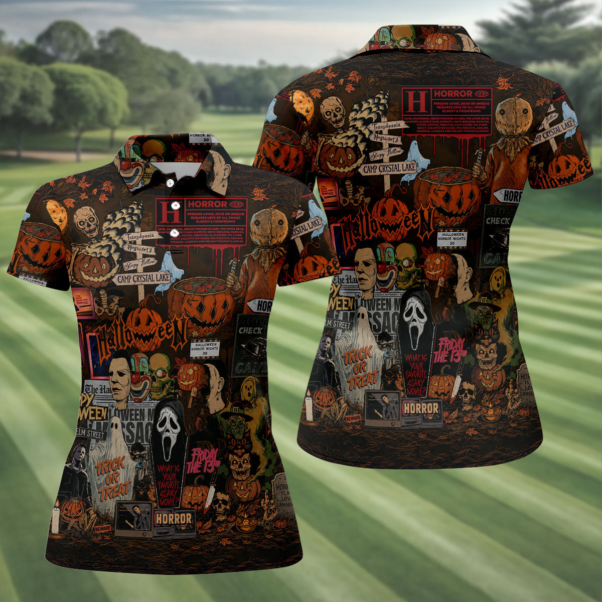 Horror Character Halloween Collage Golf Polo Shirt, Womens Golf Apparel, Ladies Golf Tops