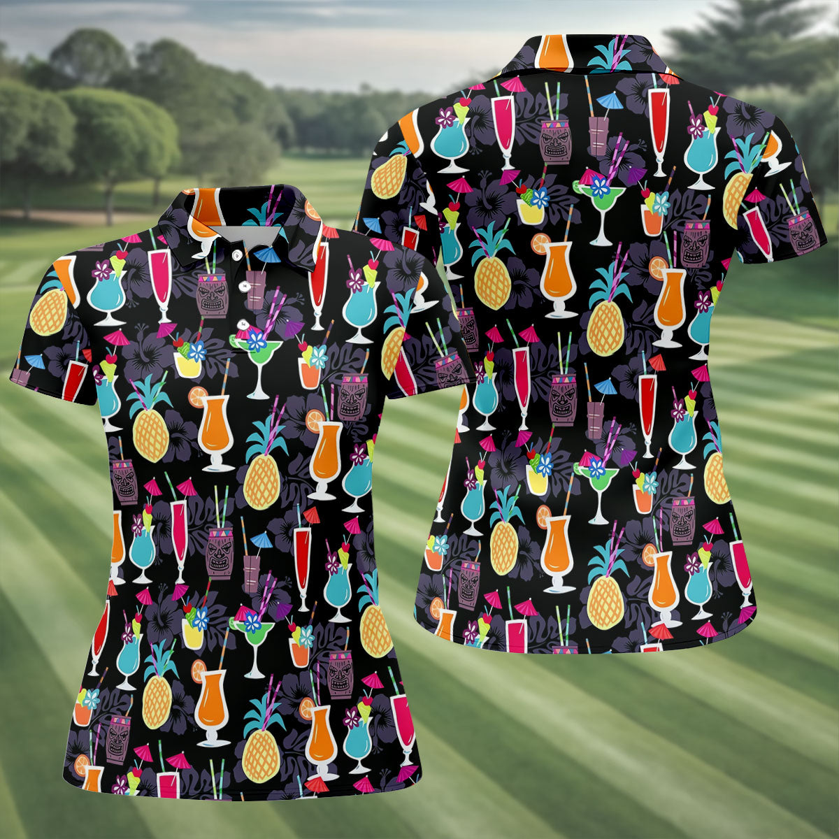 Tropical Drinks Dark Floral Cinco De Mayo Celebration Fiesta Themed Ladies Golf Tops, Golf Shirt For Women
