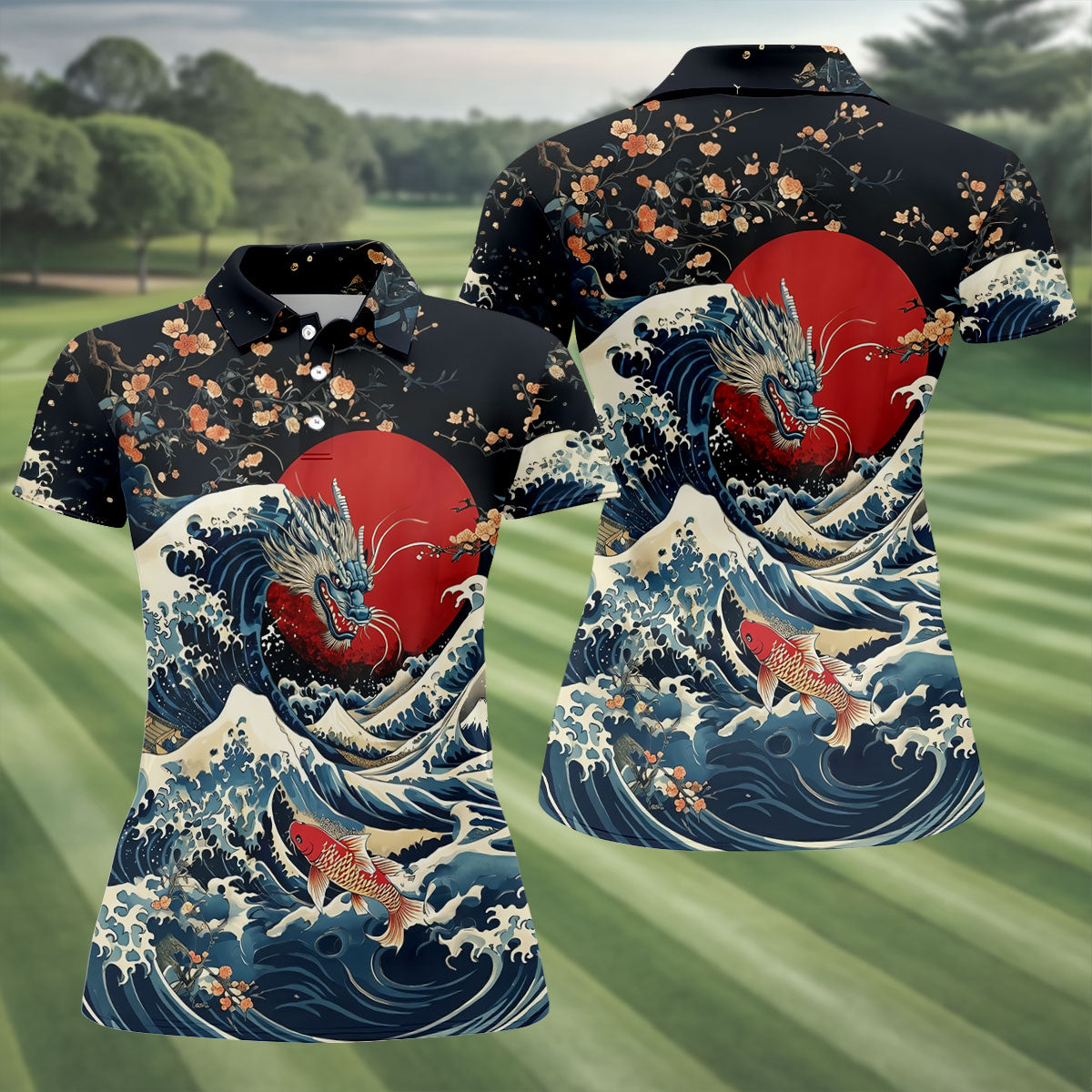 Japanese Dragon Koi Wave Hawaiian Golf Shirt, Golf Tops For Women, Women's Golf Polo