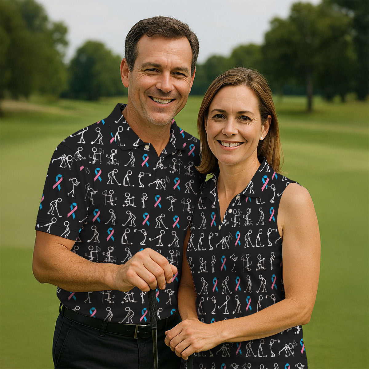 Funny Stick Figure Men's Golf Shirt, Male Breast Cancer Awareness Shirt, Breast Cancer Support Shirt, Golf Shirts For Men